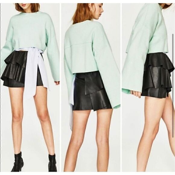 Zara Black Faux Leather A-Line Mini Skirt Ruffle Size Medium NEW with Tag - Picture 7 of 9